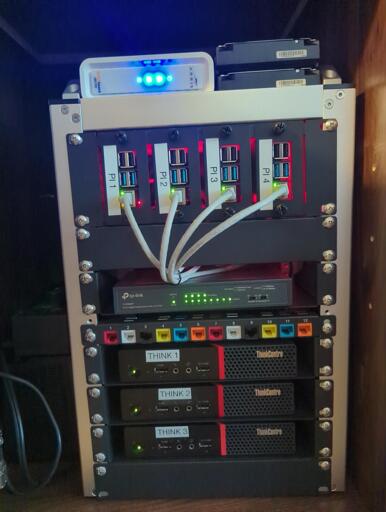 a mini server rack with 4 raspberry pis a to link switch and three thinkcentre mini PCs